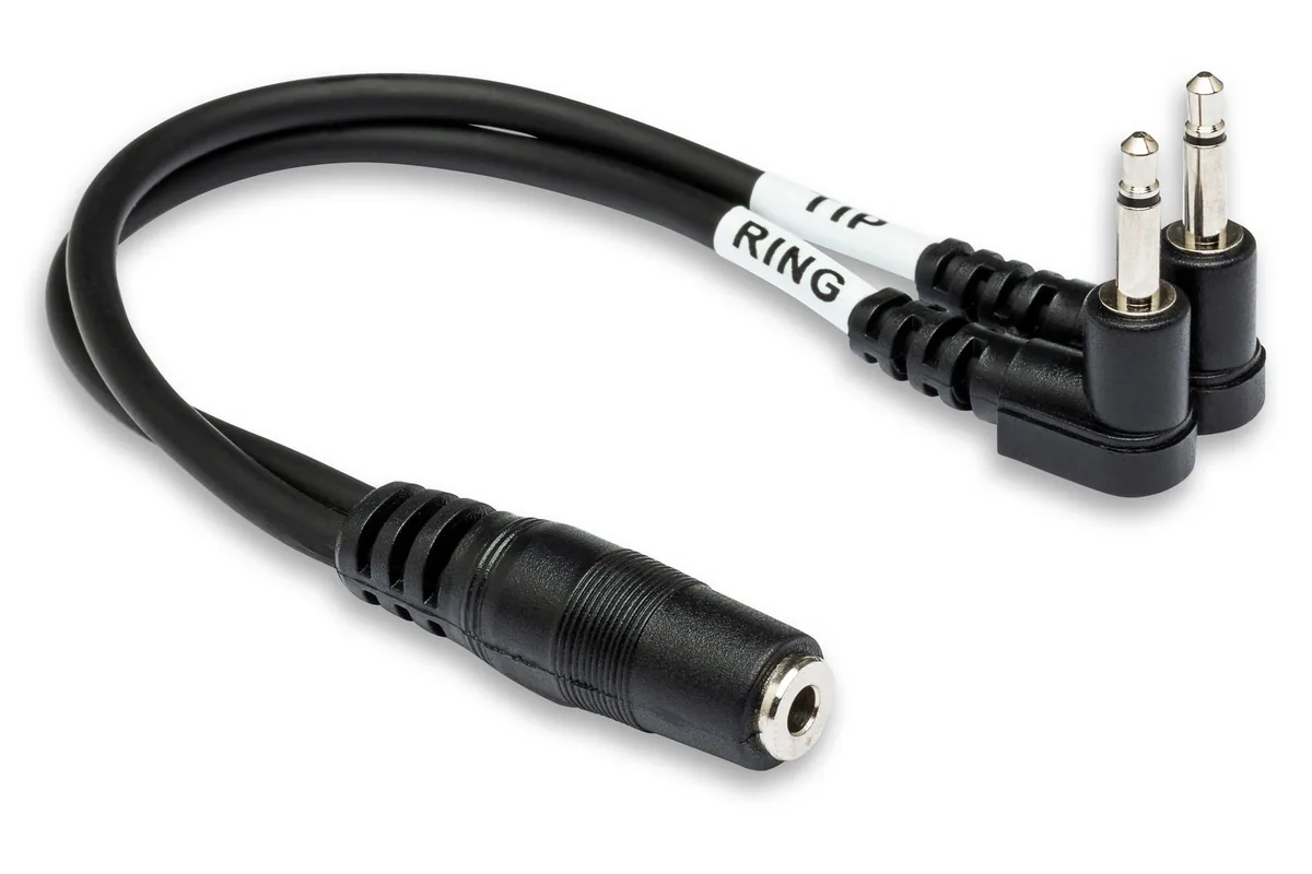 Hosa YMM-492 Stereo 3.5mm Mini Female to 2 Mini Mono Right-Angle Male Y-Cable – 6″