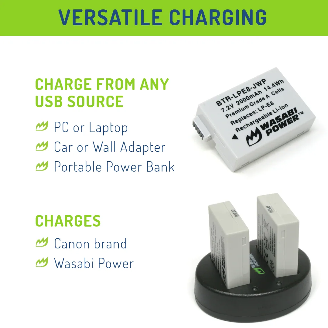 Wasabi Power Battery and Dual USB Charger for Canon LP-E8 (2-Pack)