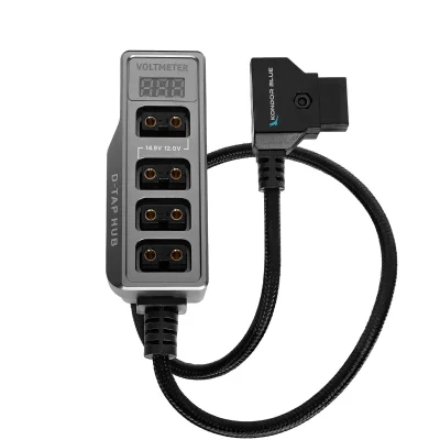 Kondor Blue Male D-Tap to 4-Port Female D-Tap Splitter Hub with Voltmeter (40cm)