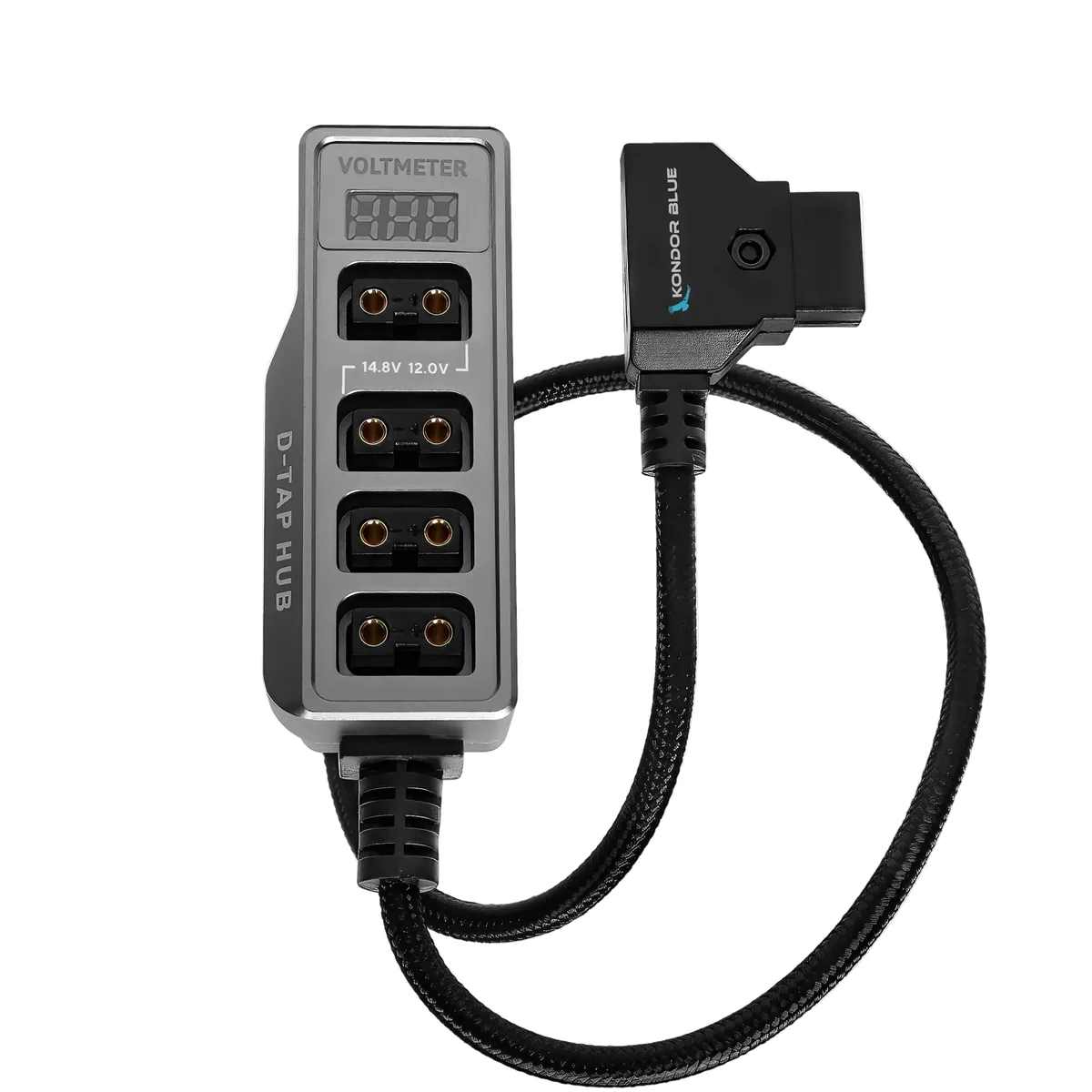 Kondor Blue Male D-Tap to 4-Port Female D-Tap Splitter Hub with Voltmeter (40cm)