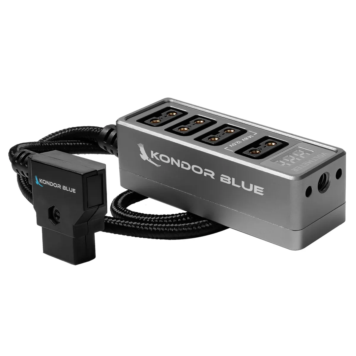 Kondor Blue Male D-Tap to 4-Port Female D-Tap Splitter Hub with Voltmeter (40cm)