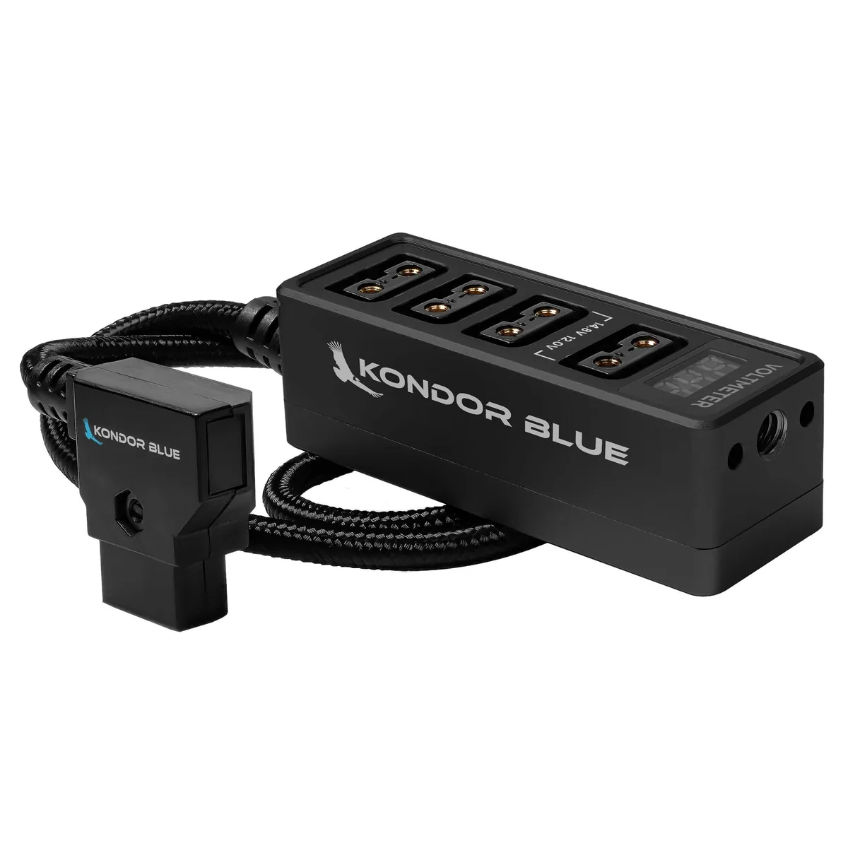 Kondor Blue Male D-Tap to 4-Port Female D-Tap Splitter Hub with Voltmeter (40cm)