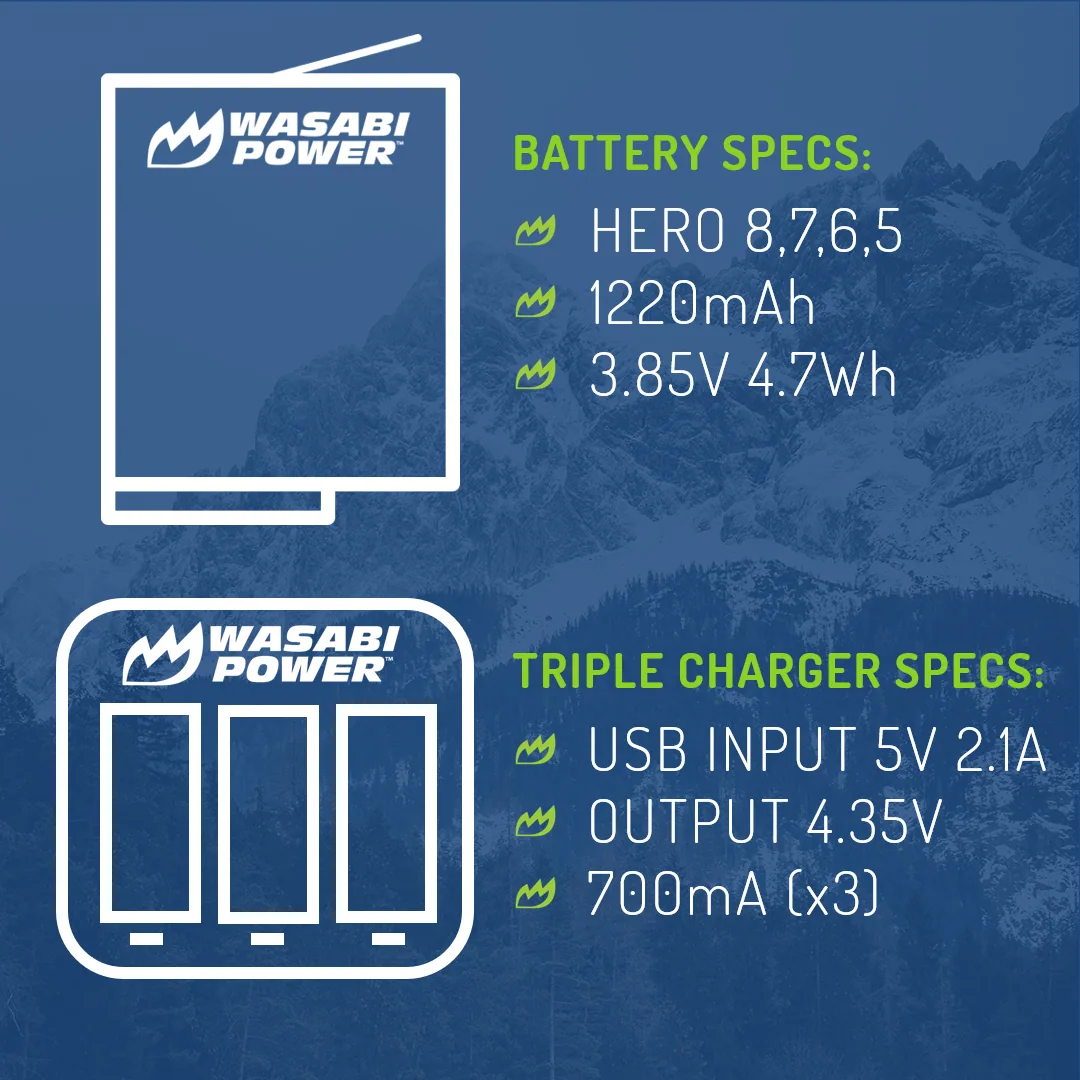 Wasabi Power GoPro HERO8 Battery (2-Pack) and Triple Charger Compatible with HERO7 Black, HERO6