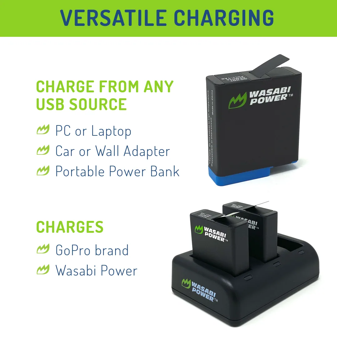Wasabi Power GoPro HERO8 Battery (2-Pack) and Triple Charger Compatible with HERO7 Black, HERO6